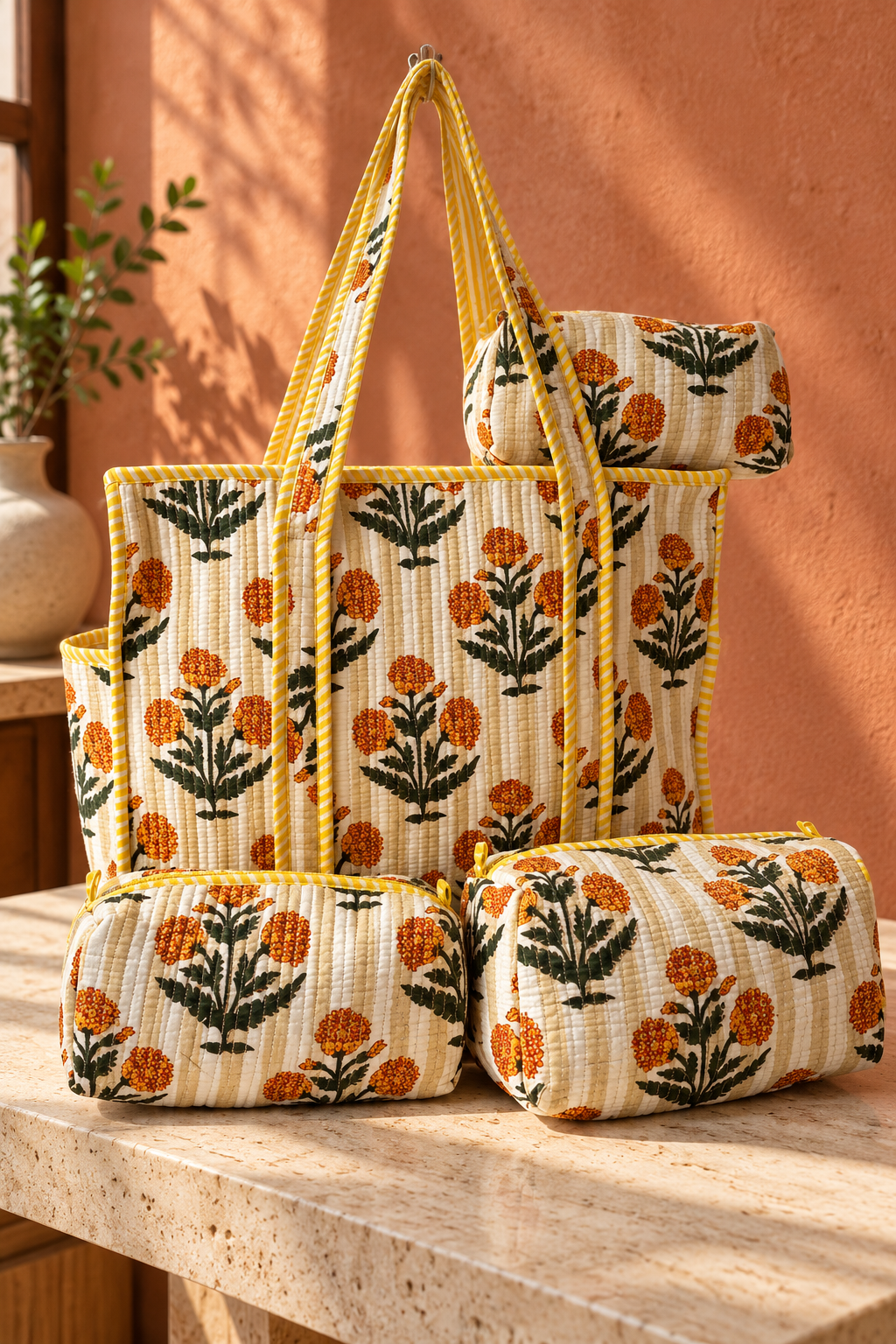 Floral Block Print Tote & Pouch Combo