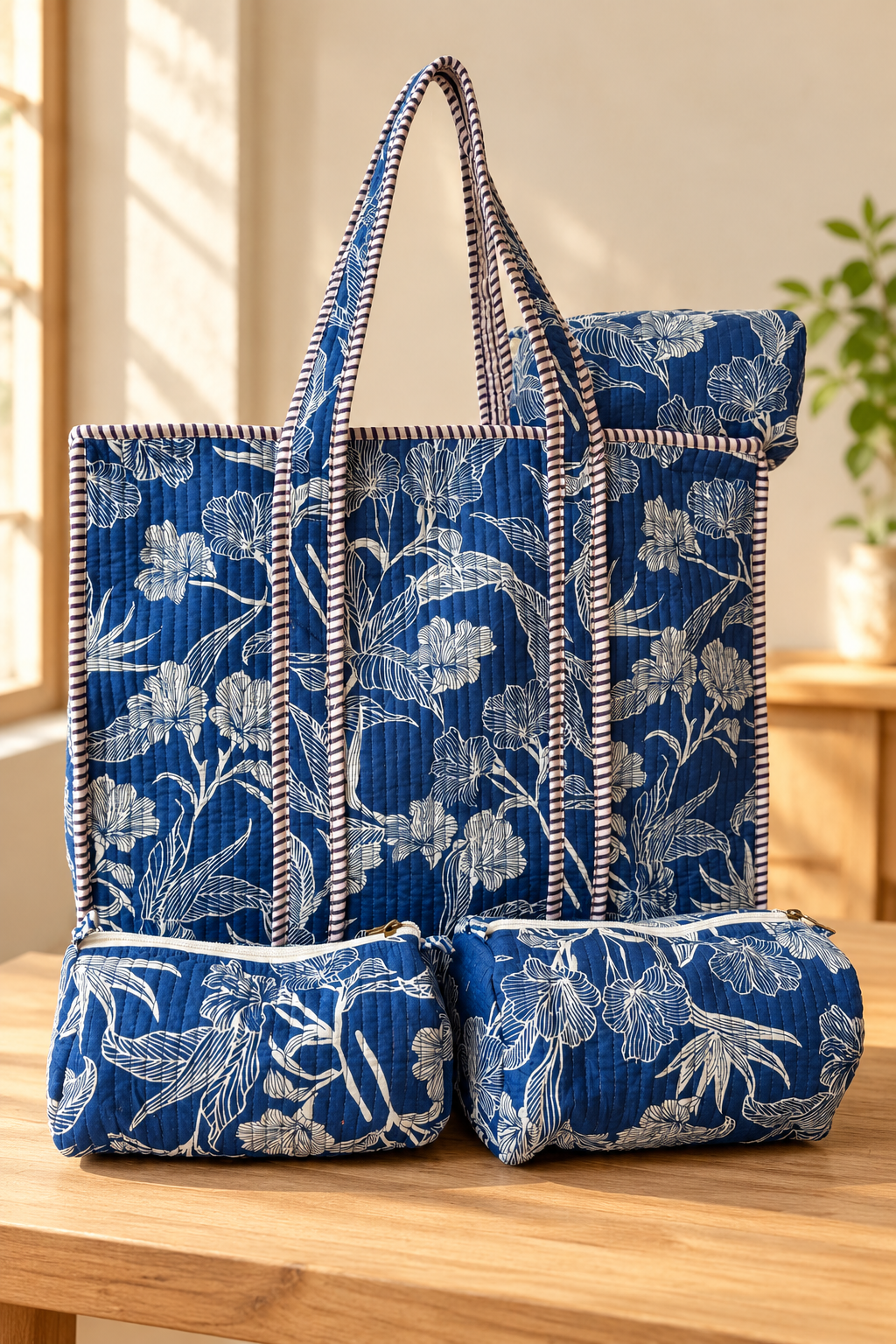 Floral Block Print Tote & Pouch Combo