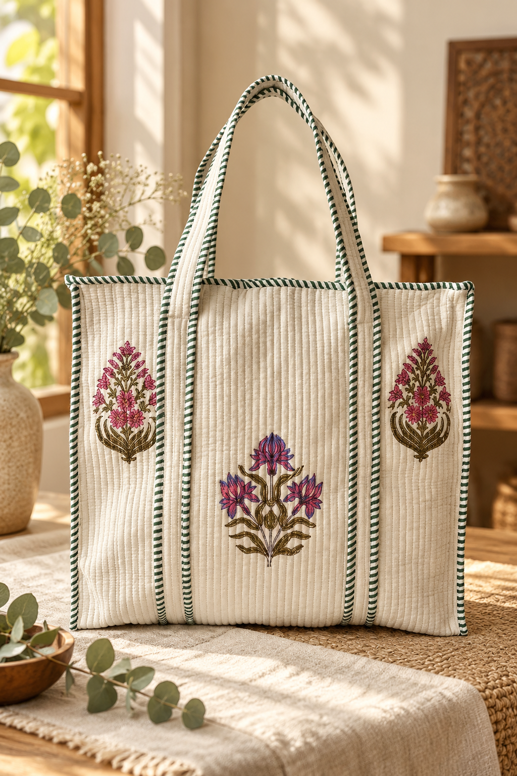Hand Block Print Floral Tote Bag