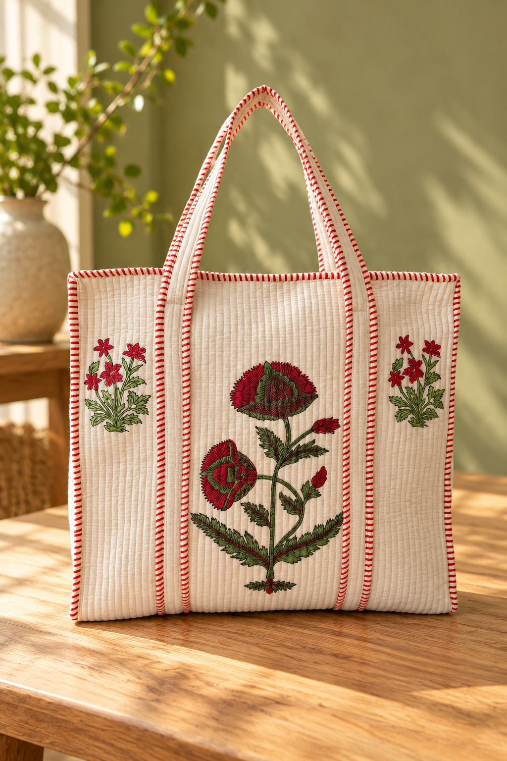 Hand Block Print Floral Tote Bag