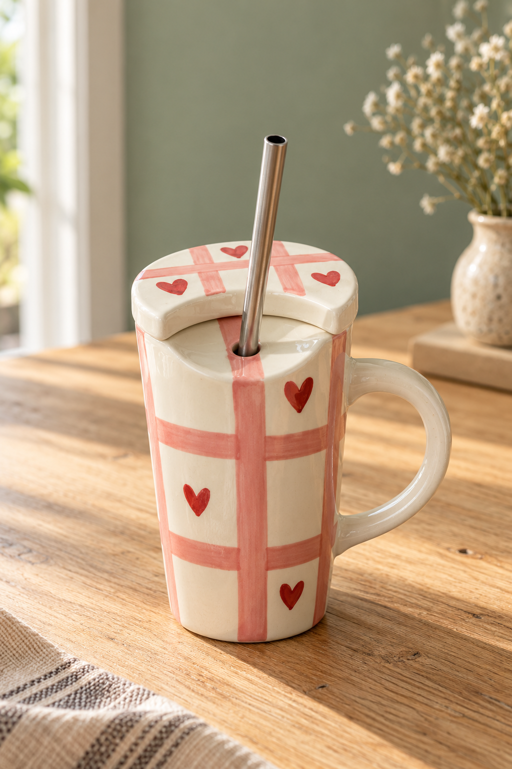 Gingham Heart Ceramic Travel Mug with Lid & Straw