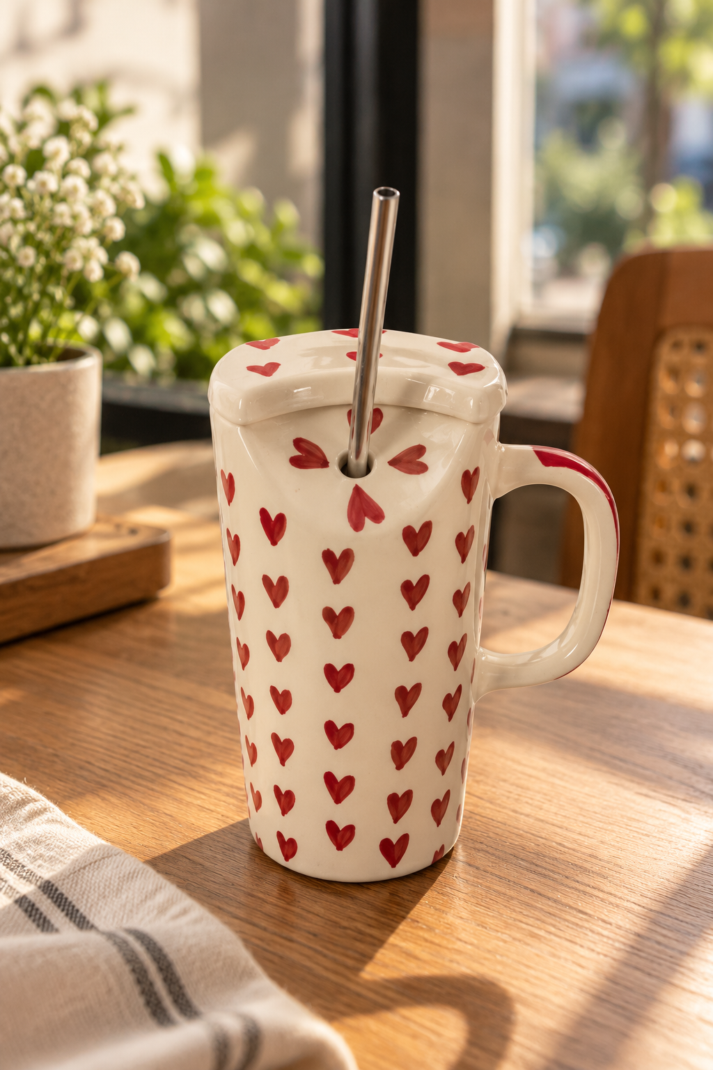 Heart Print Ceramic Travel Mug with Lid & Straw