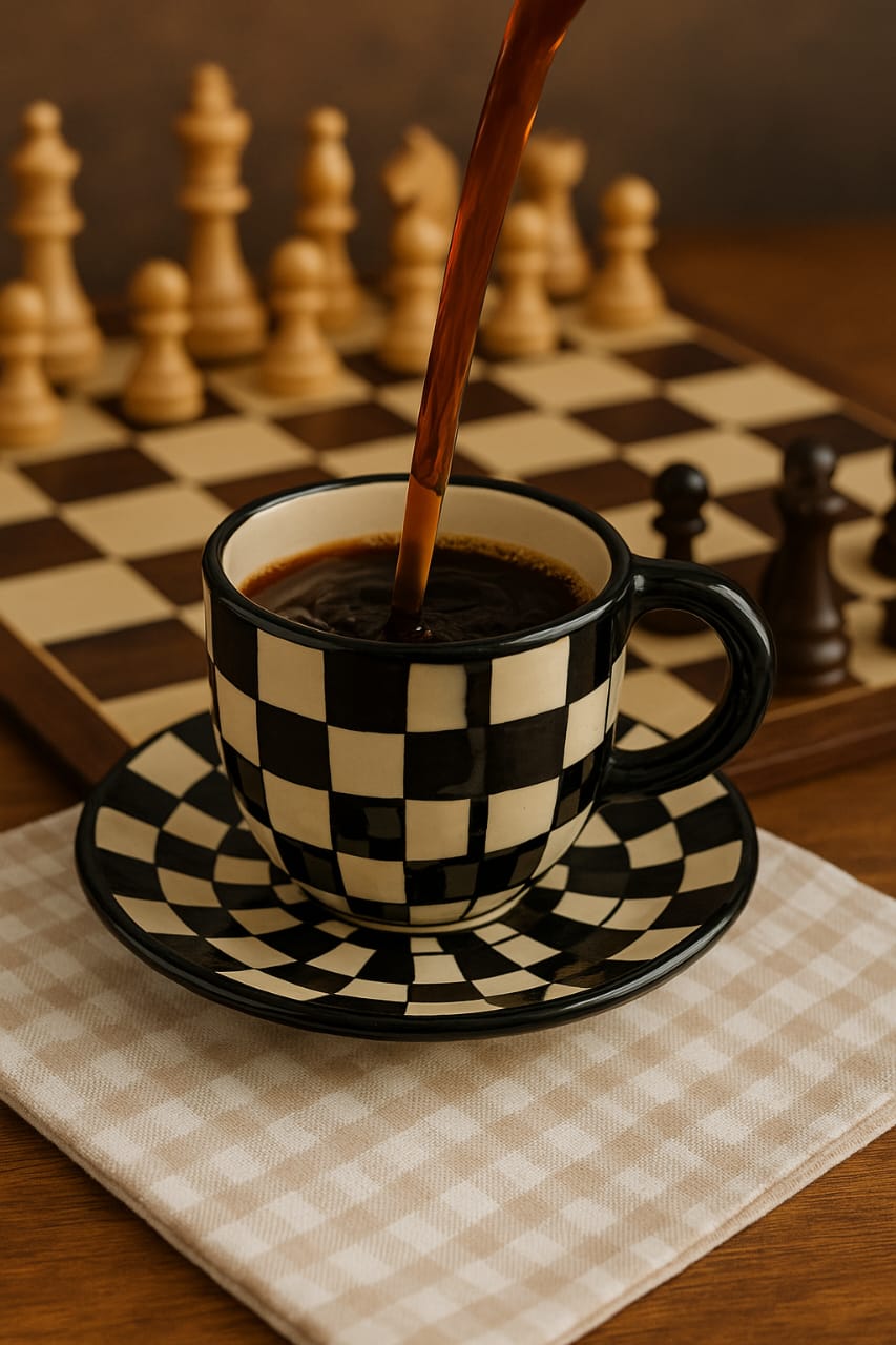 Coffee being poured into a black and white checkered cup on a chessboard