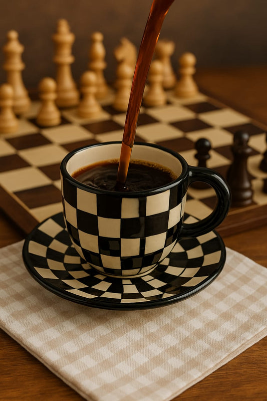 Coffee being poured into a black and white checkered cup on a chessboard